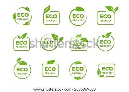 A collection of eco-friendly logos featuring green leaves and the text ECO FRIENDLY in various designs and layouts.