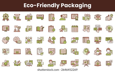 A collection of eco-friendly packaging icons in a minimalist design, showcasing various educational and environmental themes, perfect for sustainable marketing.