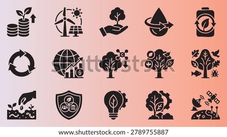 Collection of ecofriendly and sustainability icons representing green energy and environmental conservation efforts