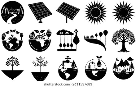 Collection of eco-friendly and sustainability icons and symbols