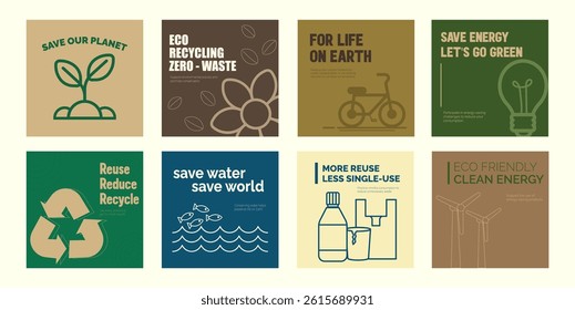 A collection of eco-friendly vector illustrations promoting sustainability and environmental responsibility.