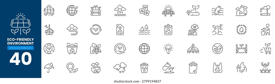 Collection of ecological icons featuring renewable energy recycling nature protection and green earth.