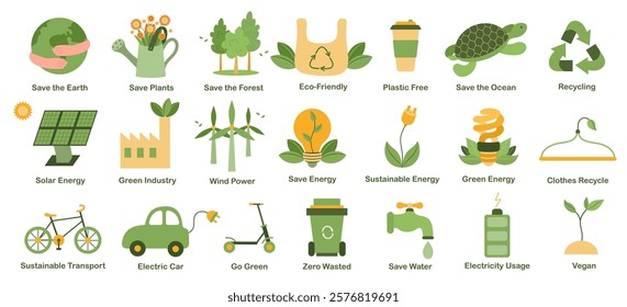 Collection of ecology elements. Rational use of natural resources. Processing and recycling. Eco friendly. Sustainable living concept. Environmental protection. Alternative sources of electricity.