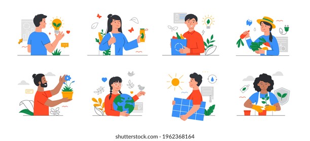 Collection of ecology graphics and icons. Eco friendly people protecting environment, sorting collecting waste, using alternative energy. Set of isolated flat cartoon vector illustrations