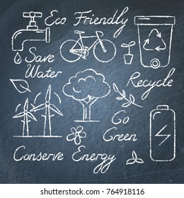 Collection of ecology icons and lettering on chalkboard. Eco Friendly, Save Water, Recycle, Conserve Energy and other symbols isolated on white background.