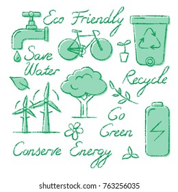 Collection of ecology icons and lettering in sketch style. Eco Friendly, Save Water, Recycle, Conserve Energy and other symbols isolated on white background.