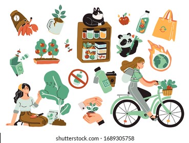 Collection of ecology illustrations. Eco friendly people set protecting the environment, sorting and collecting waste, using alternative energy and ecological transport. Vector Collection of ecology illustrations. Eco friendly people set protecting the environment, sorting and collecting waste, using alternative energy and ecological transport. Vector