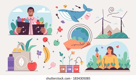 Collection Of Ecology Illustrations. Eco Friendly People Set Protecting The Environment, Sorting And Collecting Waste, Using Alternative Energy And Ecological Transport. Vector