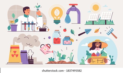 Collection Of Ecology Illustrations. Eco Friendly People Set Protecting The Environment, Sorting And Collecting Waste, Using Alternative Energy And Ecological Transport. Vector