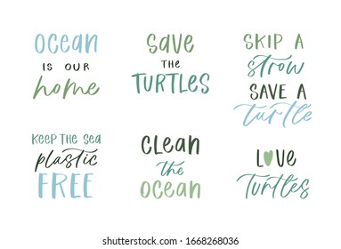 Collection of ecology quotes and slogans: zero waste, recycle, eco friendly tools, environment protection, love turtles, save planet. Bundle hand writing lettering vector illustration, poster, placard