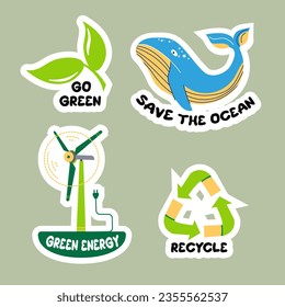 Collection of ecology stickers with slogans. Modern isolated vector badges for web and print.