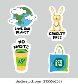 Collection of ecology stickers with slogans. Modern isolated vector badges for web and print.