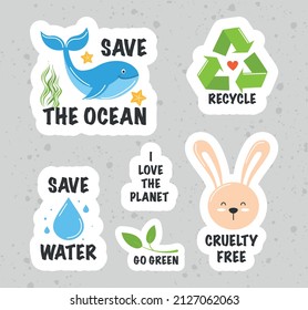 Collection of ecology stickers with slogans - save the ocean, recycle, I love the planet, cruelty free, save water. Modern isolated vector badges for web and print.