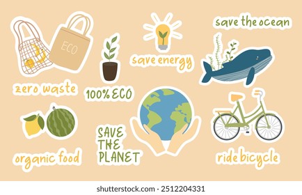 Collection of ecology stickers with slogans - save the ocean, save the planet, organic food, zero waste, ride bicycle, save energy. Protecting the environment. Vector illustration, flat style.