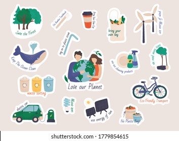 Colección de stickers ecológicos con lemas.  Recolección de productos o artículos reutilizables sin desperdicios - jarras de vidrio, bolsas de comida ecológica, jarra de termo, recipientes de comida, jabón y barras de champú.