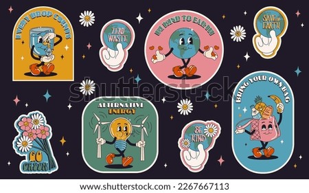Collection of ecology stickers with slogans - zero waste, eco friendly, go green, save water, save the planet stickers in trendy retro cartoon style. Earth Day posters. World Environment Day.	
