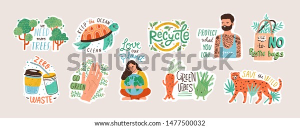 Collection of ecology stickers with slogans\
- zero waste, recycle, eco friendly tools, environment protection.\
Bundle of decorative design elements. Flat cartoon colorful vector\
illustration.