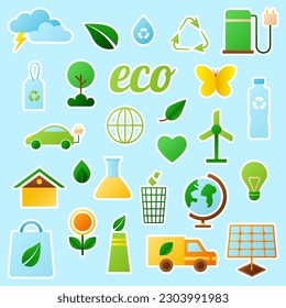 Collection of ecology stickers. Zero waste, recycle, eco friendly, save water, bio, no plastic. Modern isolated vector badges for web and print. Cartoon Vector illustration. 