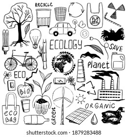 Collection of ecology theme doodles and writtens. Hand drawn vector illustration for design. Contour drawings of green energy, recycle, organic, save planet. Black sketches elements isolated on white.