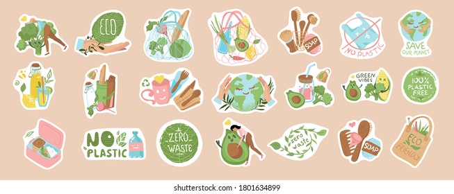 Collection of ecology, vegan stickers with slogans: zero waste, recycle, eco friendly, no plastic. Bundle of decorative design elements. Isolated plots Flat vector illustration.