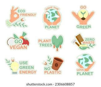 Collection of ecology, vegan stickers. Slogans no more plastic, save planet, use your bag. Reuse Recycle. Vector illustration EPS10