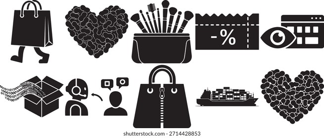 Colección de iconos de comercio electrónico y de consumo, incluyendo bolso de compras para caminar, corazón hecho de frijoles, juego de pinceles de maquillaje, Cupón de descuento, calendario de ojos, datos binarios, Asistencia al cliente y barco de carga.