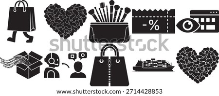 Collection of e-commerce and consumer icons including walking shopping bag, heart made of beans, makeup brush set, discount coupon, eye calendar, binary data, customer support, and cargo ship.
