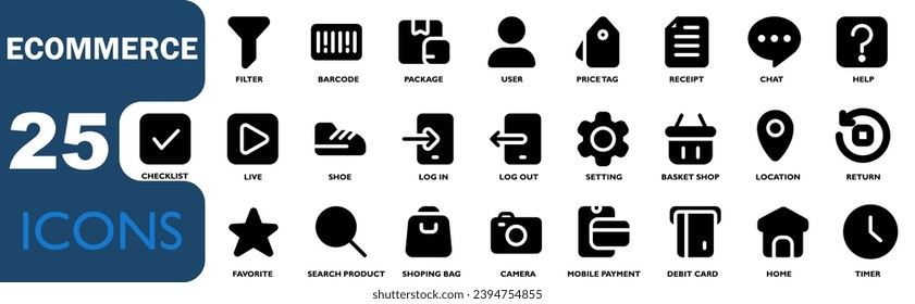 collection ecommerce icons. contains shopping,barcodes,shopping baskets,debit cards,payment,price tag.solid black icons collection.vector illustrations for apk, web and other designs.