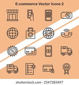 Coleção de ícones de comércio eletrônico que ilustram as compras online e os negócios adequados para o marketing digital e temas de varejo.
