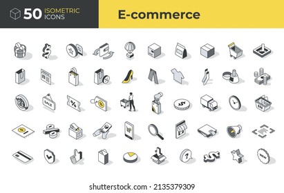 Collection of e-commerce isometric icons in outline style. Icons and shadows are separated