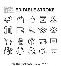 Collection of E-Commerce and Online shopping icons. Thin line vector. Contains icons such as package delivery, location sharing, shopping cart and many more.