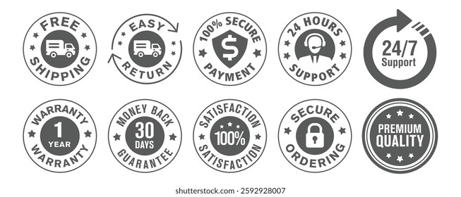 Collection of eCommerce security icon for free shipping, easy return, secure ordering etc. isolated on white background. 
