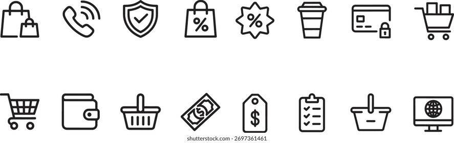 Colección de los iconos de la línea plana del comercio electrónico y de las compras, negro sobre fondo blanco