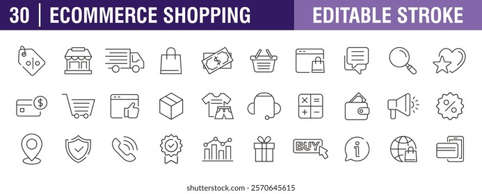 Collection of e-commerce and shopping icons. Store, shopping cart, discount, payment method. Vector design template, signs, symbols, editable stroke.