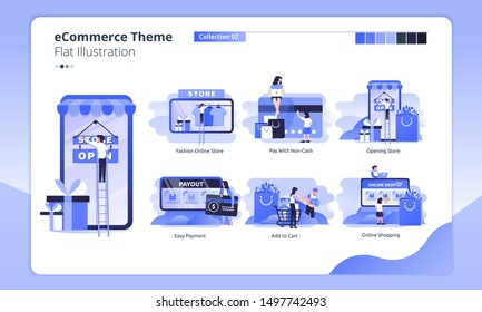 Collection of e-commerce theme illustrations on landing page templates for online stores or market places