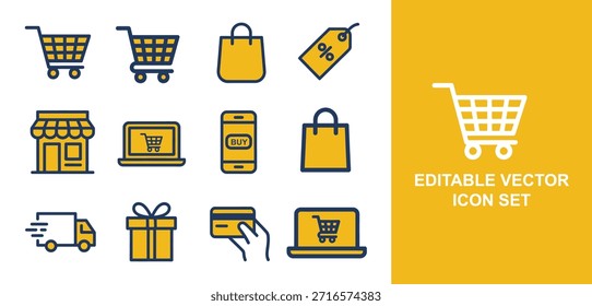 Una colección de iconos vectoriales de comercio electrónico que representan las compras en línea