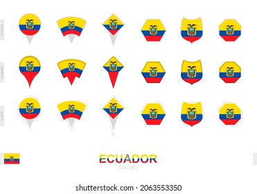 Collection of the Ecuador flag in different shapes and with three different effects. Vector flag set.