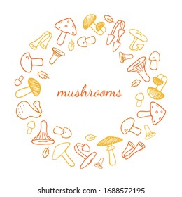 Collection of edible and inedible mushrooms in a circle. Vector hand-drawn.