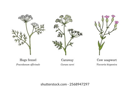 Collection of edible and medicinal plants. Hand drawn botanical vector illustration