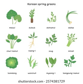 A collection of edible plants in spring in Korea. Simple illustrations in flat design style.