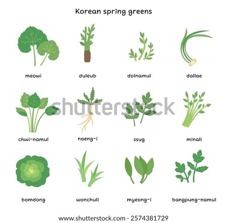 A collection of edible plants in spring in Korea. Simple illustrations in flat design style.
