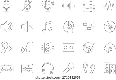 Una colección de iconos de audio editables, que probablemente representan varias funciones de audio, controles y equipos, adecuados para el diseño de la interfaz de usuario.