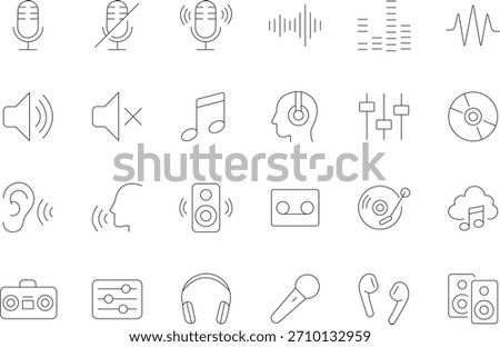 A collection of editable audio icons, likely representing various audio functions, controls, and equipment, suitable for user interface design.