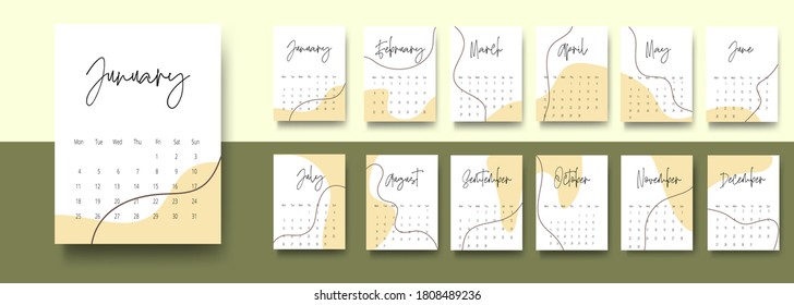 Collection of editable calendar wavy design templates. Calendqr design 2021. Minimalist backgrounds