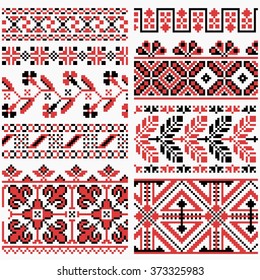Collection of editable colorful ethnic patterns for embroidery stitch. Borders and frames. Art knitted. Ethnic motives of Ukraine folk, slavic  tradition. For fabric, print cup, textile, wallpaper