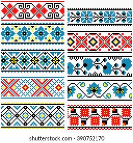 Collection of editable colorful ethnic patterns for embroidery stitch. Borders and frames. Art knitted. Ethnic motives of Ukraine folk, slavic  tradition. For fabric, print cup, textile, wallpaper