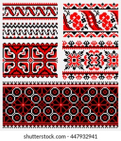 Collection of editable colorful ethnic patterns for embroidery stitch. Borders and frames. Art knitted. Ethnic motives of Ukraine folk, slavic  tradition. For fabric, print cup, textile, wallpaper