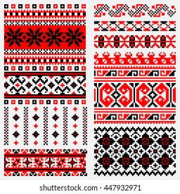 Collection of editable colorful ethnic patterns for embroidery stitch. Borders and frames. Art knitted. Ethnic motives of Ukraine folk, slavic  tradition. For fabric, print cup, textile, wallpaper