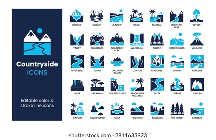 Collection of editable countryside and landscape vector icons, featuring mountains, forests, rivers, deserts, and valleys, for modern graphic design projects.