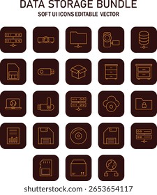 Collection of Editable Data Storage and Technology Icons for Modern UI Design Applications representing diverse data